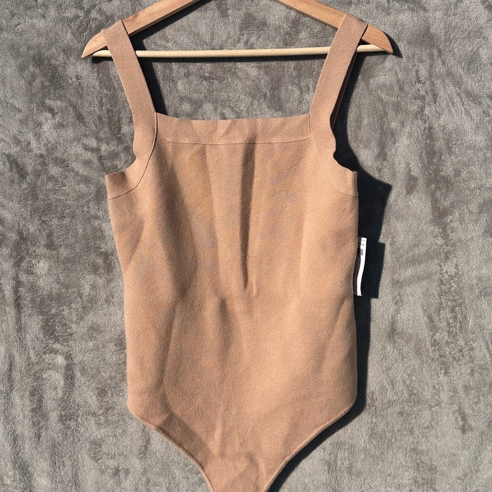 ABERCROMBIE & FITCH BEIGE Tan SQUARE Neck Bodycon KNIT THONG BODYSUIT Size XL